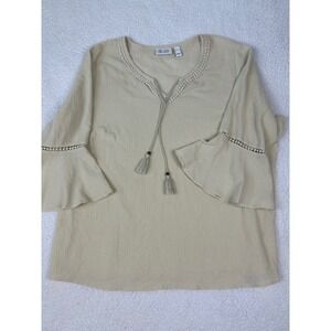 D & Co Boho Tunic Top Crochet Trim Bell Sleeve Lightweight Beige‎ XL
